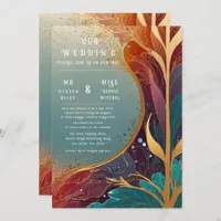 Elegant Gold and Teal Abstract Larva Wedding  Invitation