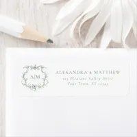 Baroque Floral Crest Green Wedding Return Address Label