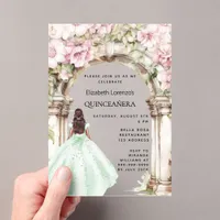 Green pink florals arch dress Quinceanera Acrylic Invitations