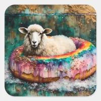 Sheep on a Rainbow Color Floating Doughnut Square Sticker