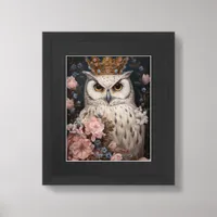 Snowy Owl With a Crown and Pink and Blue Flowers Framed Art