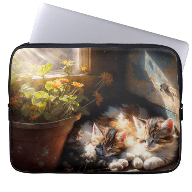 Napping Kittens in the Garden Shed Oil Painting Laptop Sleeve