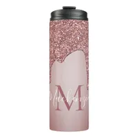 Girly Rose Gold Sparkle Glitter Drips Monogram Thermal Tumbler