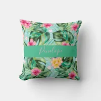 Monstera Fern Leaf Pink Tropical Flower  Monogram  Throw Pillow