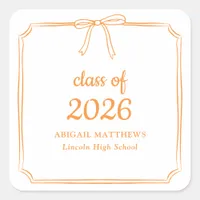 Elegant Whimsical Bow Orange Custom Graduation Square Sticker