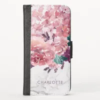 Personalized Romantic Vintage Pink Floral Marble iPhone X Wallet Case
