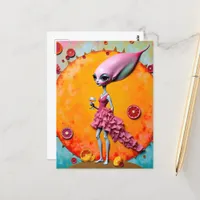 Surreal Alien Lady in Pink With Orange Juice Postcard