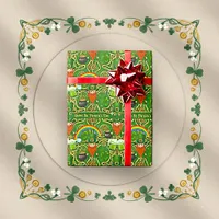 Vintage Leprechaun & Rainbow Green Celtic Pattern Wrapping Paper