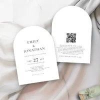 Minimalist Text QR Code Black White Arch Wedding  Invitation