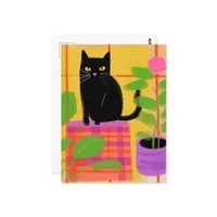 A Black Cat With Houseplants Plaid Chair Postcard