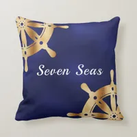 Navy blue yacht boat name gold steering wheel throw pillow