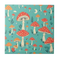 Retro Mushrooms in Vintage Colors Ceramic Tile