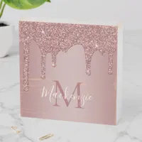 Cute Rose Gold Sparkle Glitter Drips Monogram Wooden Box Sign