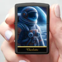 Astronaut clad in a heavy, frosty spacesuit zippo lighter