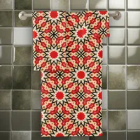 Detailed Ethnic Red Arabesque Geometric Pattern Bath Towel Set