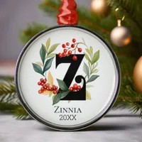 Monogram Initial Letter Z Berry Wreath Christmas Metal Ornament