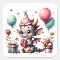 Girl's Dragon Themed Birthday Party Square Sticker