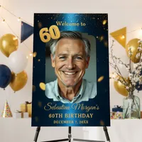 Navy Blue Gold Glitter 60th Birthday Welcome Foam Board
