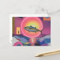Surreal jumping fish and a person in a doorway postcard