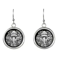 Black and White Retro Mushrooms and Flowers Earrings