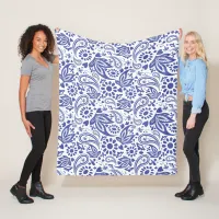 Indigo Blue Boho Chic Paisley Pattern on White Fleece Blanket