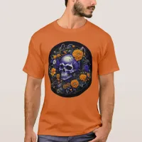 Personalized Skull and Orange Flowers AI art T-Shirt