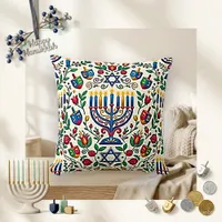 Festive White Folk Menorah Dreidel Throw Pillow