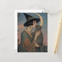 A gorgeous witch and her grey cat postcard