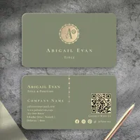 Elegant Glitter Vintage Gold Monogram Sage Green Business Card