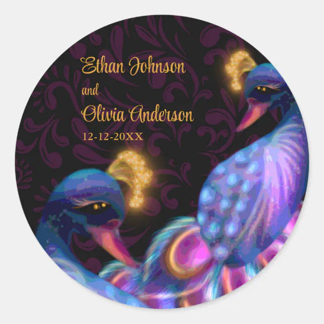 Peacock Jewel Tones Wedding Floral Moody purple Classic Round Sticker