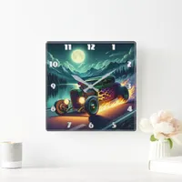 Classic hot rod racing under the moonlit mountains square wall clock