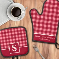 Red And Pink Gingham Plaid Checkered Monogrammed Oven Mitt & Pot Holder Set