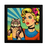 Cartoon Comic Pop Art Women Holding Cat Gift Box