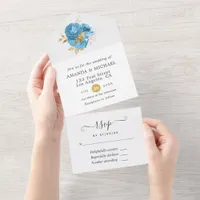 Pastel Blue and Gold Floral Wedding All In One Inv Invitation