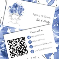 QR code cute girl blue watercolor roses floral Business Card