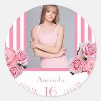 Sweet 16 pink white stripes flowers photo classic round sticker