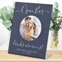 Wedding Open Bar Custom Pet Dog Photo Navy Blue Pedestal Sign