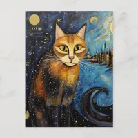 Cat in the Starry Night City Postcard