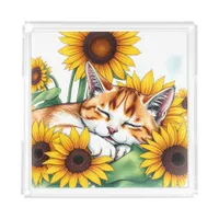 Cute Napping Kitten and Sunflowers Acrylic Tray