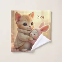 Adorable kitten and tiny baby bunny, personalized  wash cloth