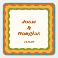 Wavy Border Retro 70s Vintage Aesthetic Wedding  Square Sticker