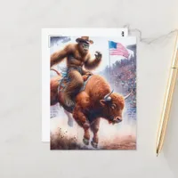 Sasquatch rides a rodeo bull fantasy art postcard