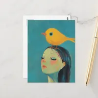 Woman with yellow bird on her head postcard