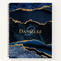 Navy Blue Gold Agate Monogram Notebook