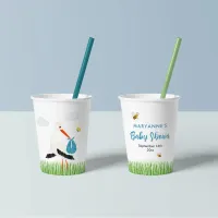 Rustic Stork with Bee & Butterfly Boy Baby Shower Paper Cups