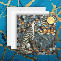 Mosaic Tile Wolf Howling at the Moon Card