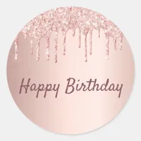 Birthday blush rose gold glitter drips classic round sticker
