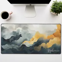 Navy And Gold Watercolor Abstract Personalized Desk Mat