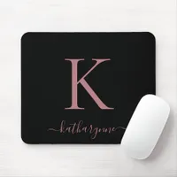 Modern Elegant Rose Gold Monogram Script Black Mouse Pad