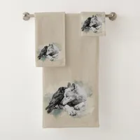 Sketch Black and White Wolf and Crow CHANGE COLOR Bath Towel Set